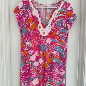 Lilly Pulitzer Dress - Pink Tropical Floral -  Fancy Trims - Size M - Cotton